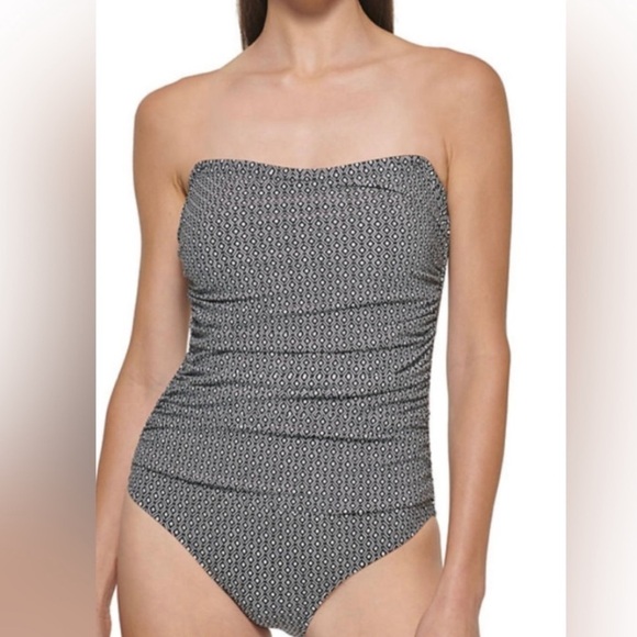 DKNY Bandeau Maillot One Piece Swimsuit Black & White Geometric Print size large - Picture 2 of 15
